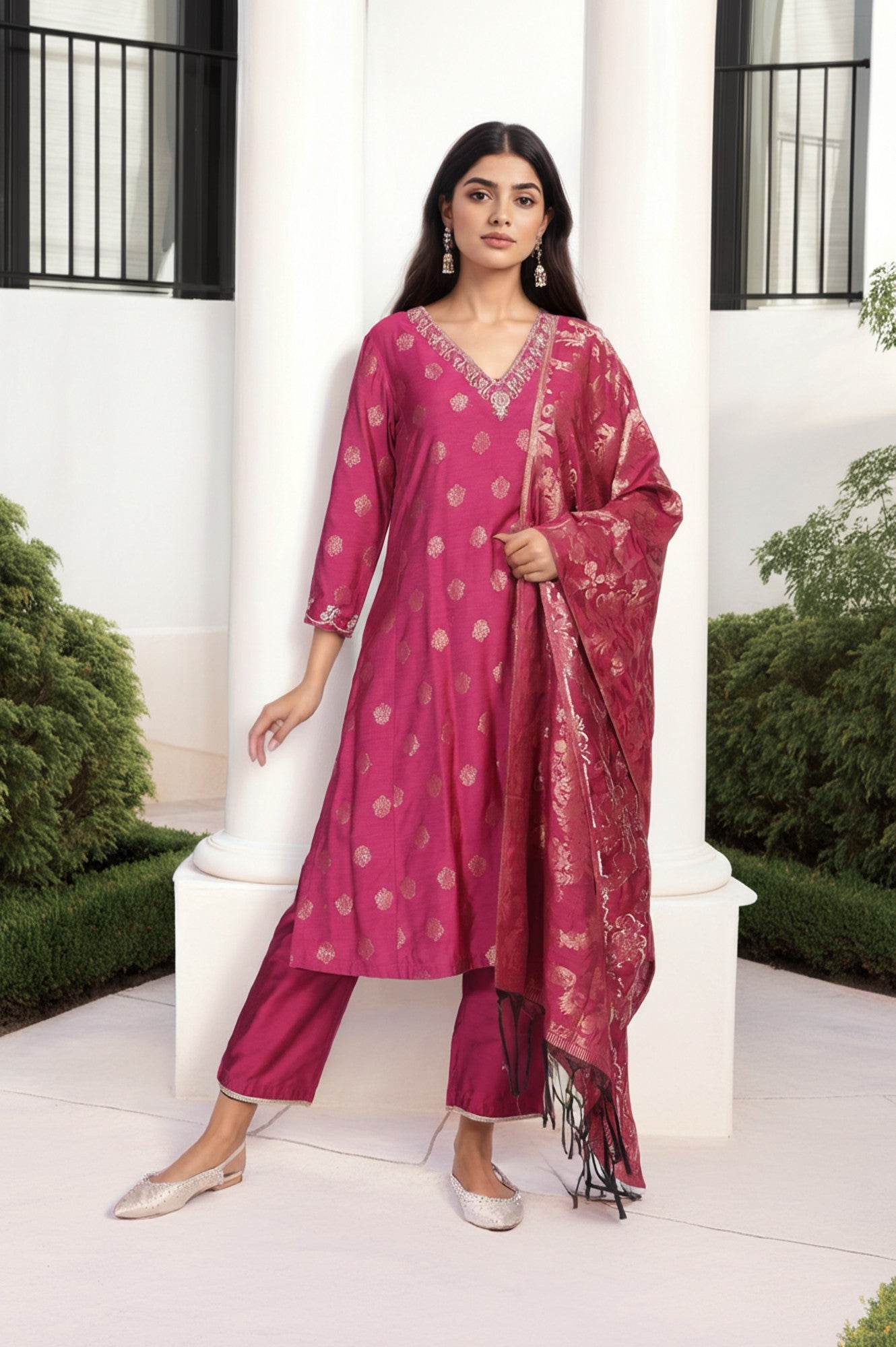 Magenta Embroidered Jacquard A-Line Kurta with Straight Pant and Dupatta Set
