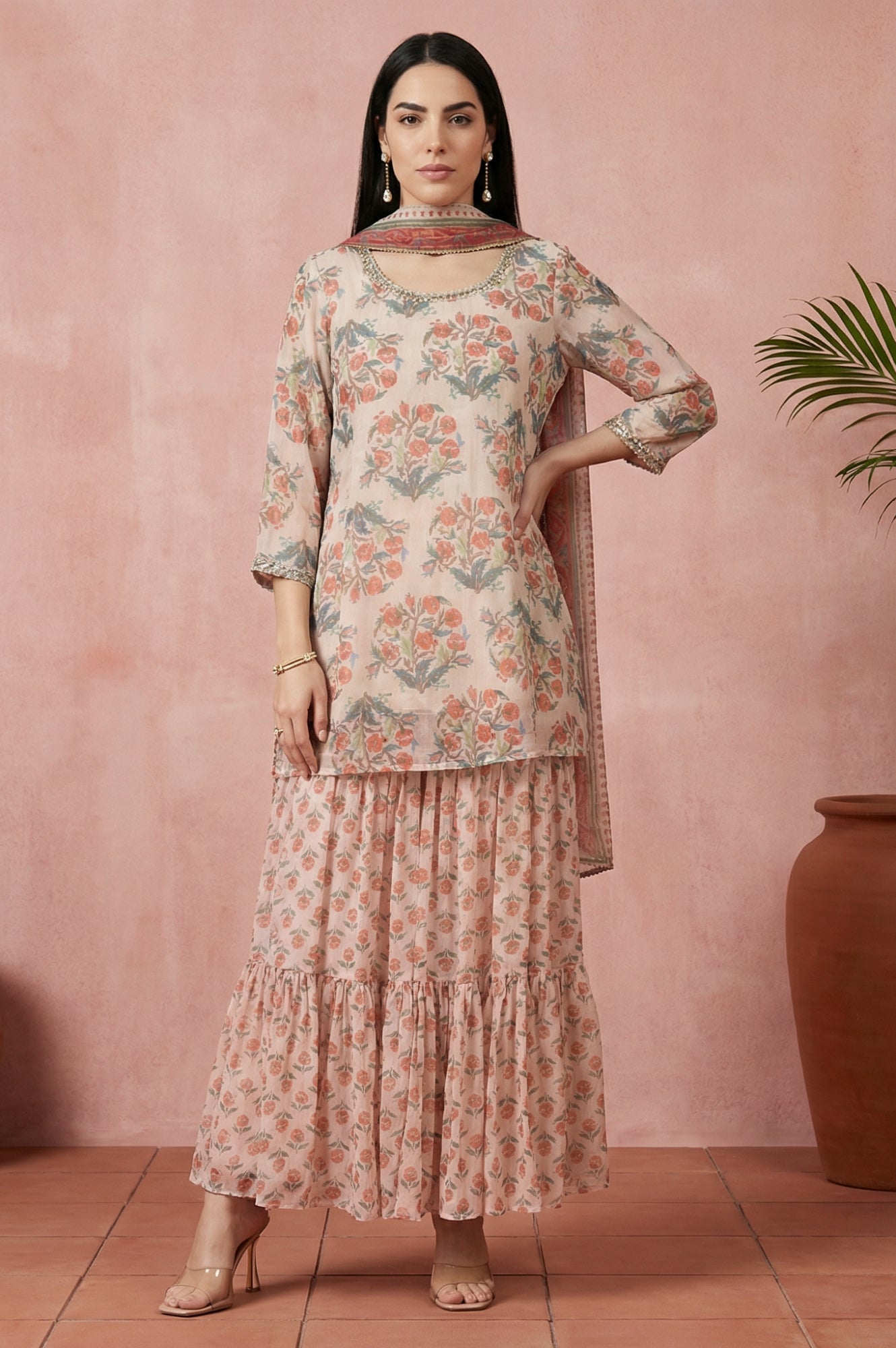 Beige Floral Printed Lace Straight Kurta with Sharara and Dupatta Set