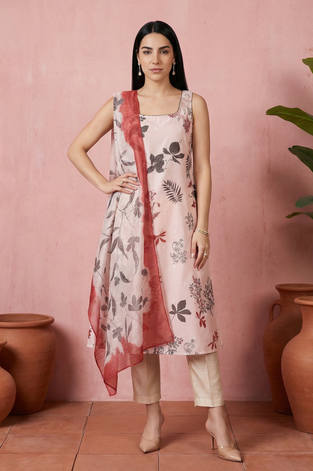 Cream Embroidered Floral Printed Chanderi A-line Kurta with Straight Pants and Dupatta Set
