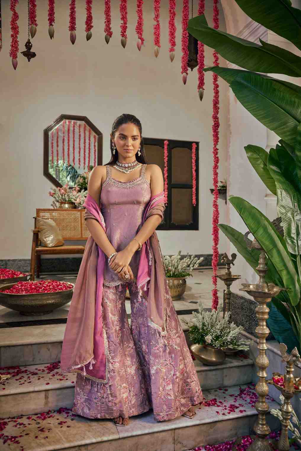 Lavender Tissue Hand Embroidery Palazoo Set