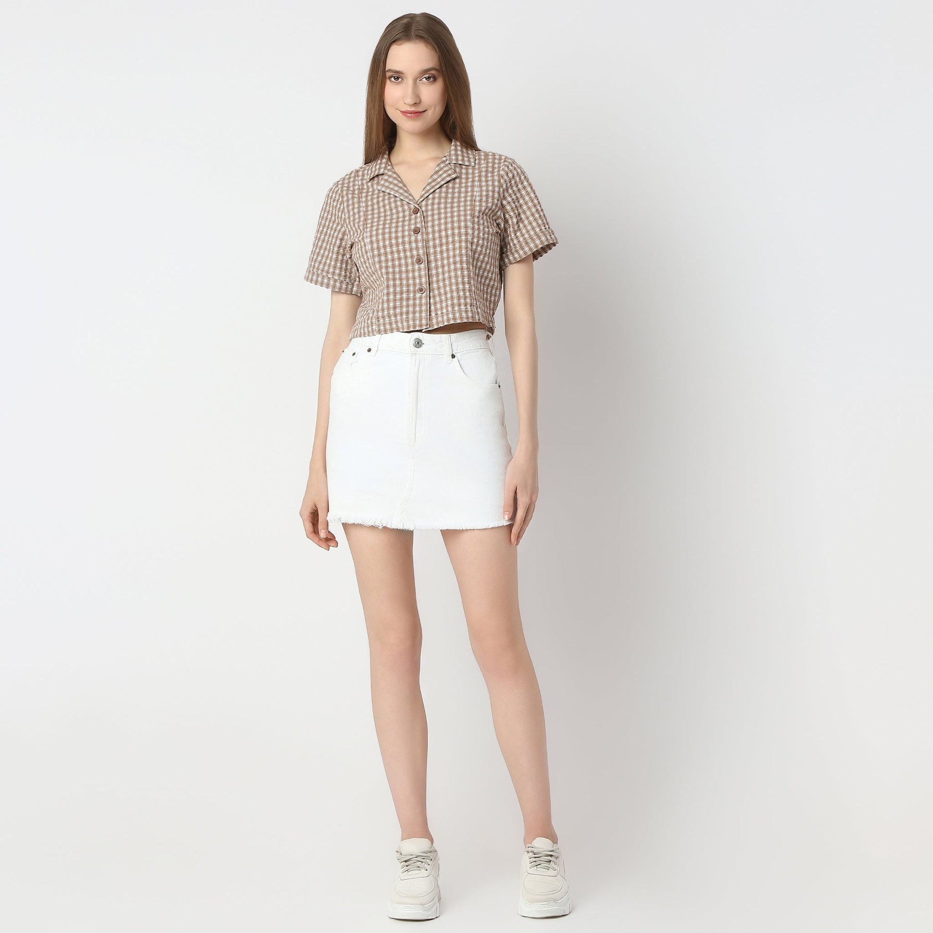 Checkered Lapel Collar Short Sleeve Crop Shirt