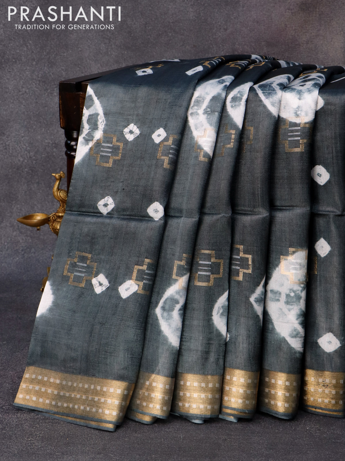 Banana silk saree dark grey and grey with allover geometric zari buttas & batik butta prints and zari woven border