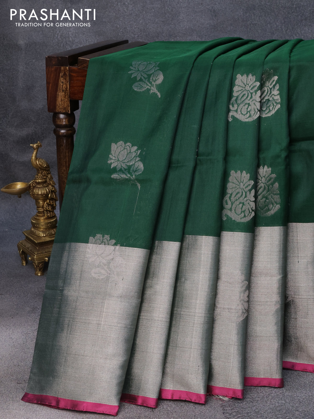 Pure uppada silk saree green and pink with silver zari woven buttas and long zari woven border