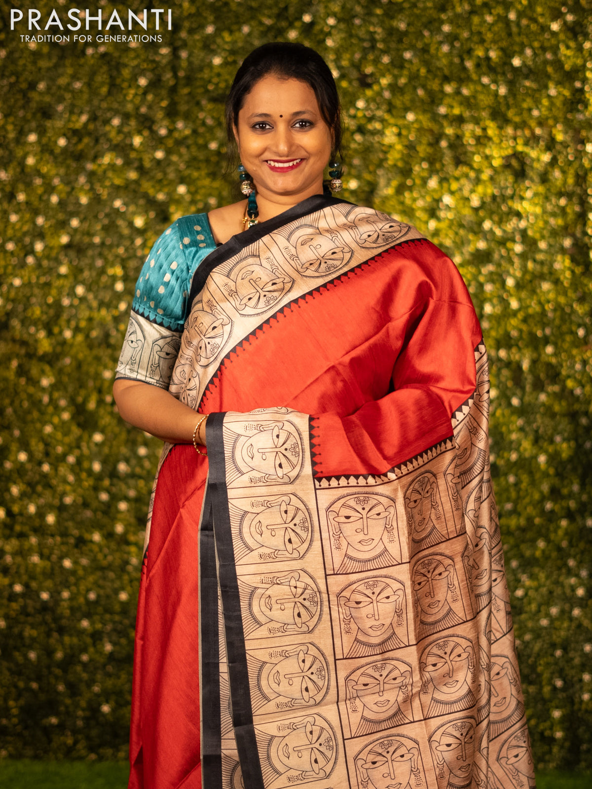 Chappa saree red and sandal with plain body and madhubani printed border