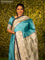 Chappa saree teal blue and cream with plain body and madhubani printed border