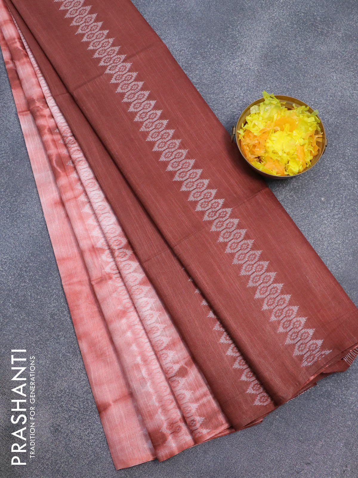 Bamboo silk saree peach shade and brown with allover tie & dye prints & thread weaves in borderless style