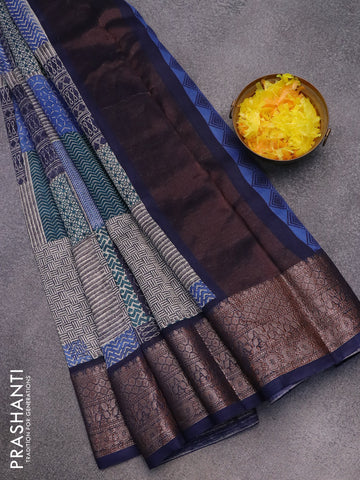 Chanderi silk cotton saree multi colour and navy blue with allover prints and woven border