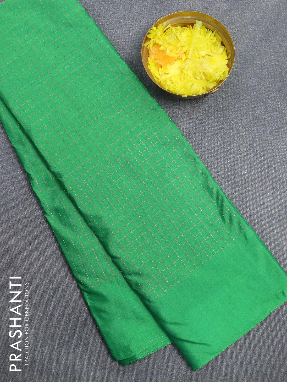 Arani semi silk saree green with allover checked pattern in borderless style