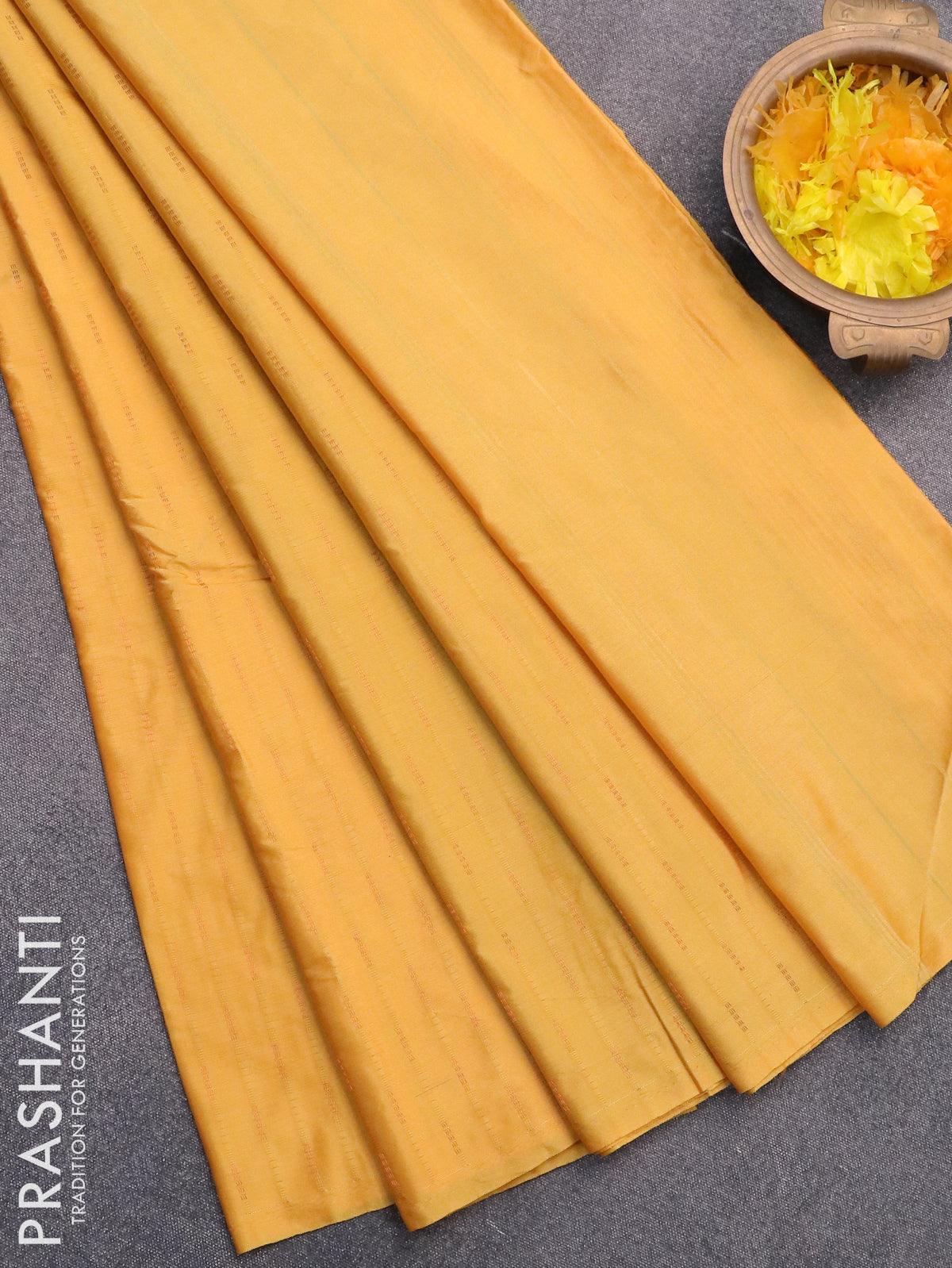 Arani semi silk saree yellow and dual shade of purple with allover copper zari woven butta weaves in borderless style