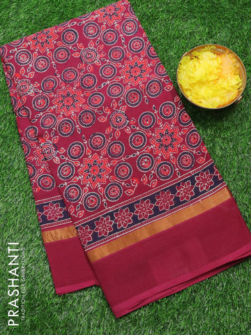 Assam silk saree maroon shade with allover ajrakh prints and zari woven simple border