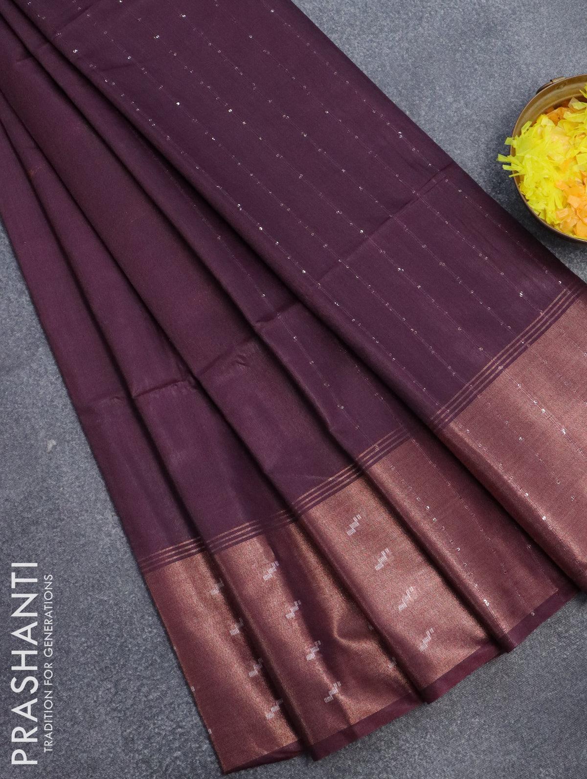 Bamboo silk saree deep wine shade with copper zari woven buttas and copper zari woven border