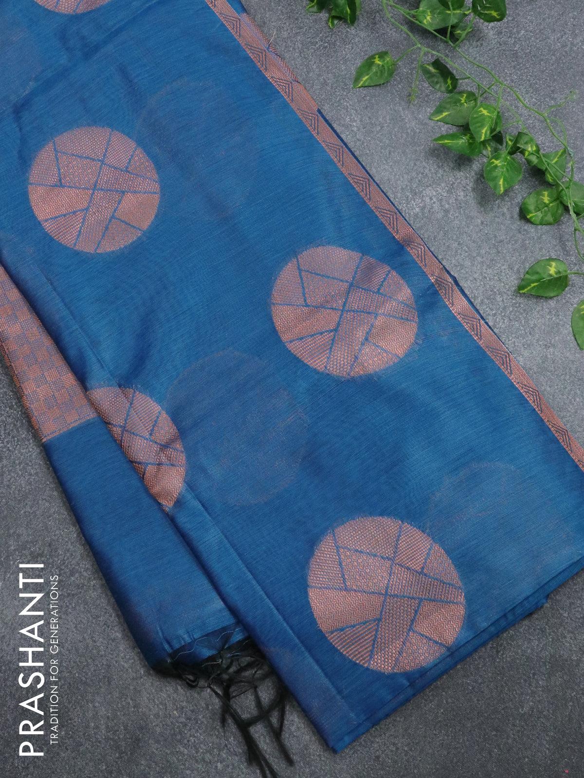 Banarasi cotton saree cs blue with copper zari woven buttas and piping border