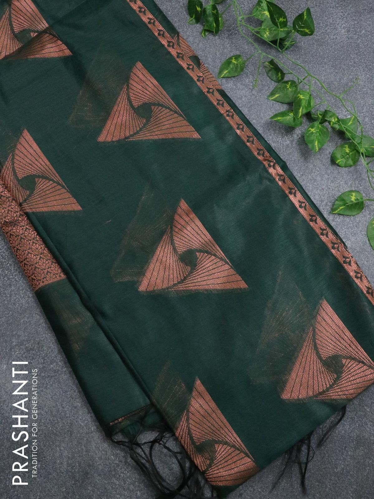 Banarasi cotton saree dark green with copper zari woven buttas and piping border