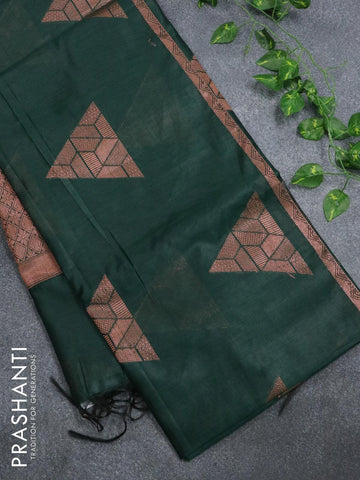 Banarasi cotton saree dark green with copper zari woven geometric buttas and piping border