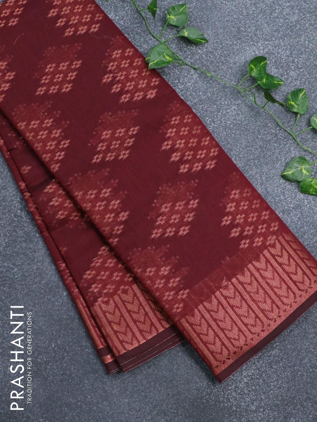 Banarasi cotton saree maroon with copper zari woven buttas and copper zari woven border