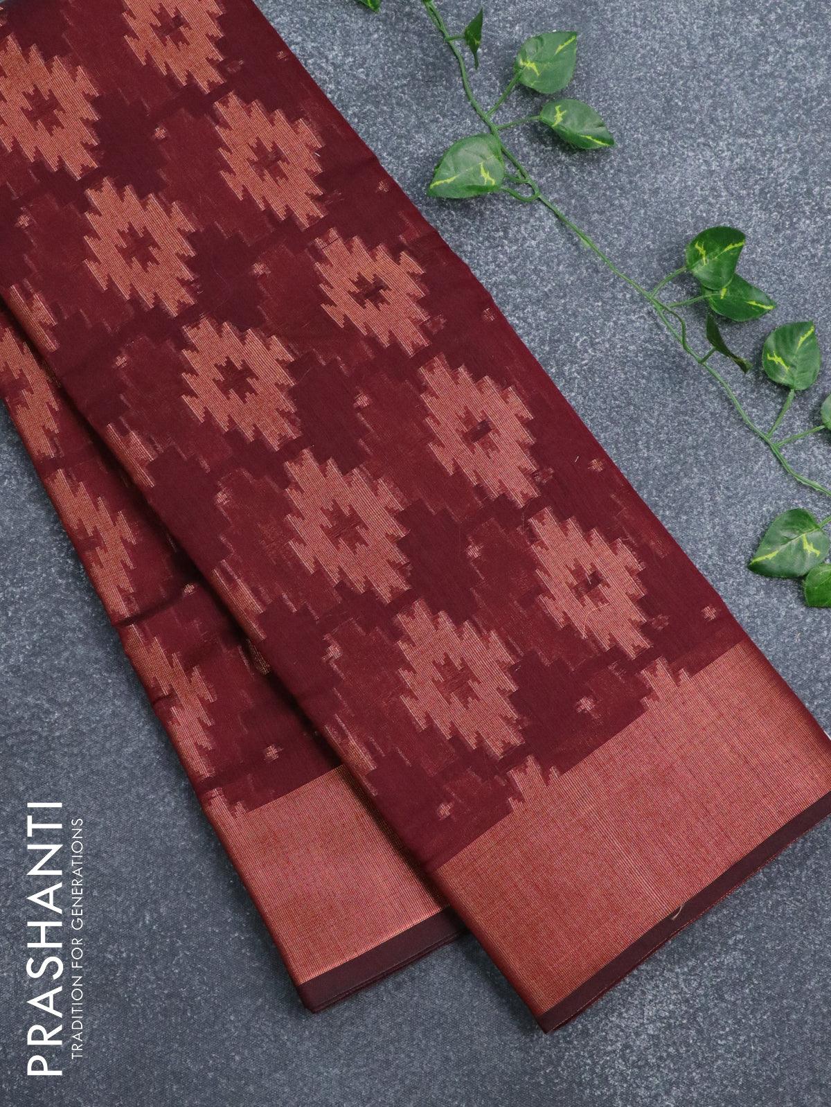 Banarasi cotton saree maroon with copper zari woven ikat weaves and copper zari woven border