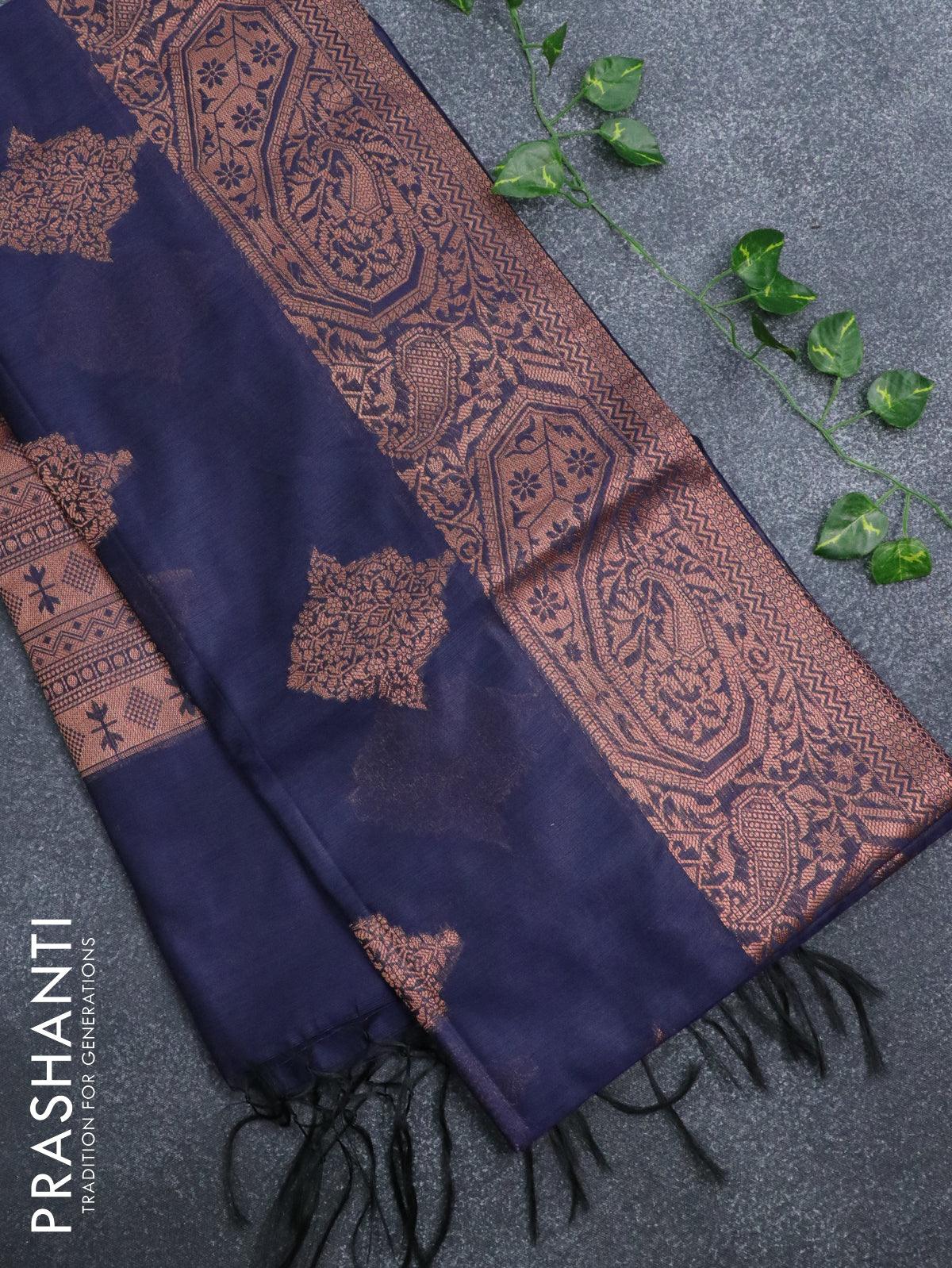 Banarasi cotton saree navy blue with copper zari woven buttas and piping border