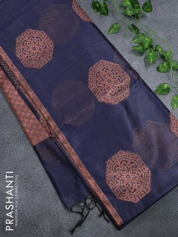 Banarasi cotton saree navy blue with copper zari woven buttas and piping border