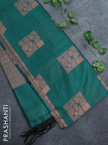 Banarasi cotton saree peacock green with copper zari woven box type buttas and piping border