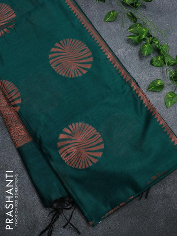 Banarasi cotton saree peacock green with copper zari woven buttas and piping border