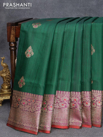 Banarasi handloom dupion saree green and red with thread & zari woven floral buttas and woven border