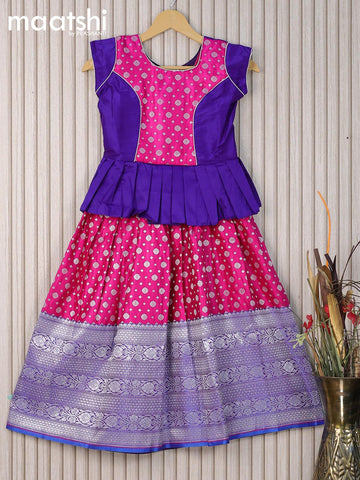 Banarasi kids lehanga blue and pink with patch work neck pattern and allover silver zari buttas & long silver zari woven border for 7 years