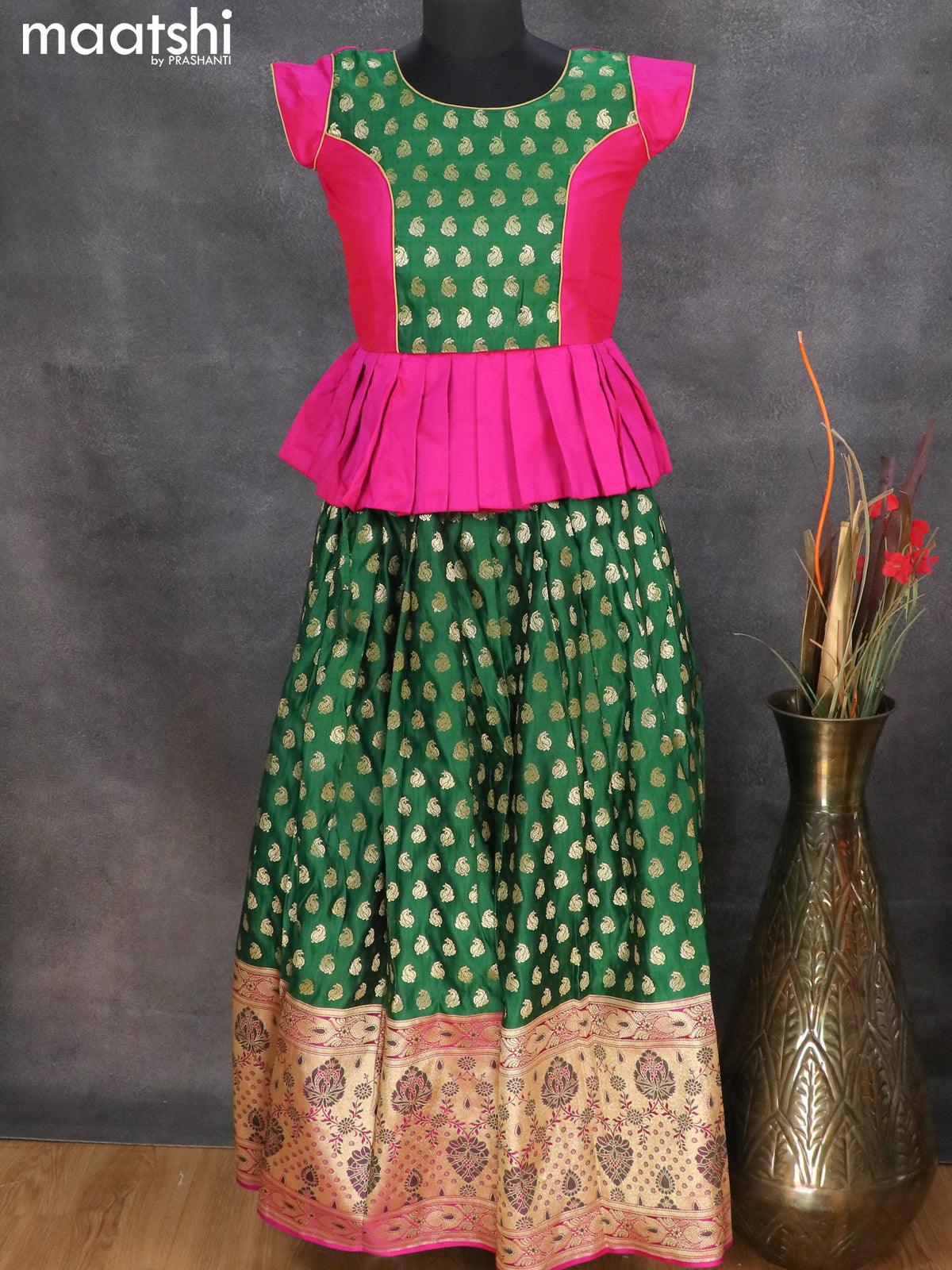 Banarasi kids lehanga green and pink with patch work neck pattern and allover self emboss zari buttas & long zari woven border for 12 years