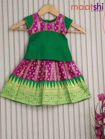 Banarasi kids lehanga green and pink with patch work neck pattern and zari weaves & temple design border for 0 year