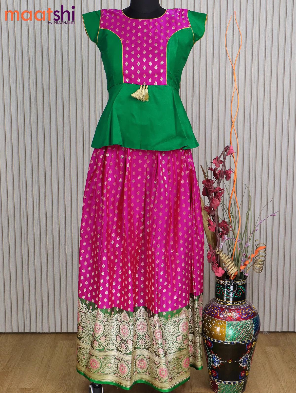 Banarasi kids lehanga green and pink with patch work neck pattern and zari woven butta weaves & long zari border for 13 years