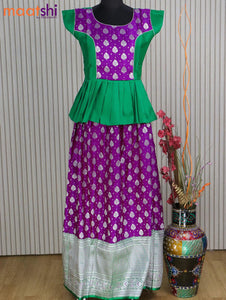 Banarasi kids lehanga green and purple with patch work neck pattern and silver zari weaves & long zari woven border for 16 years