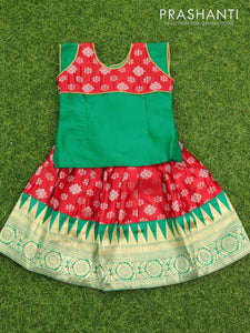 Banarasi kids lehanga green and red with patch work neck pattern and allover zari buttas & temple design floral zari border for 0 year