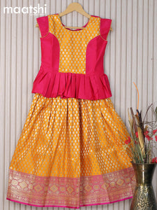 Banarasi kids lehanga pink and yellow with patch work neck pattern and allover zari buttas & zari woven border for 8 years