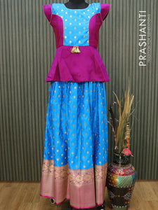 Banarasi kids lehanga purple and light blue with patch work neck pattern with allover weaves & long zari border for 14 years