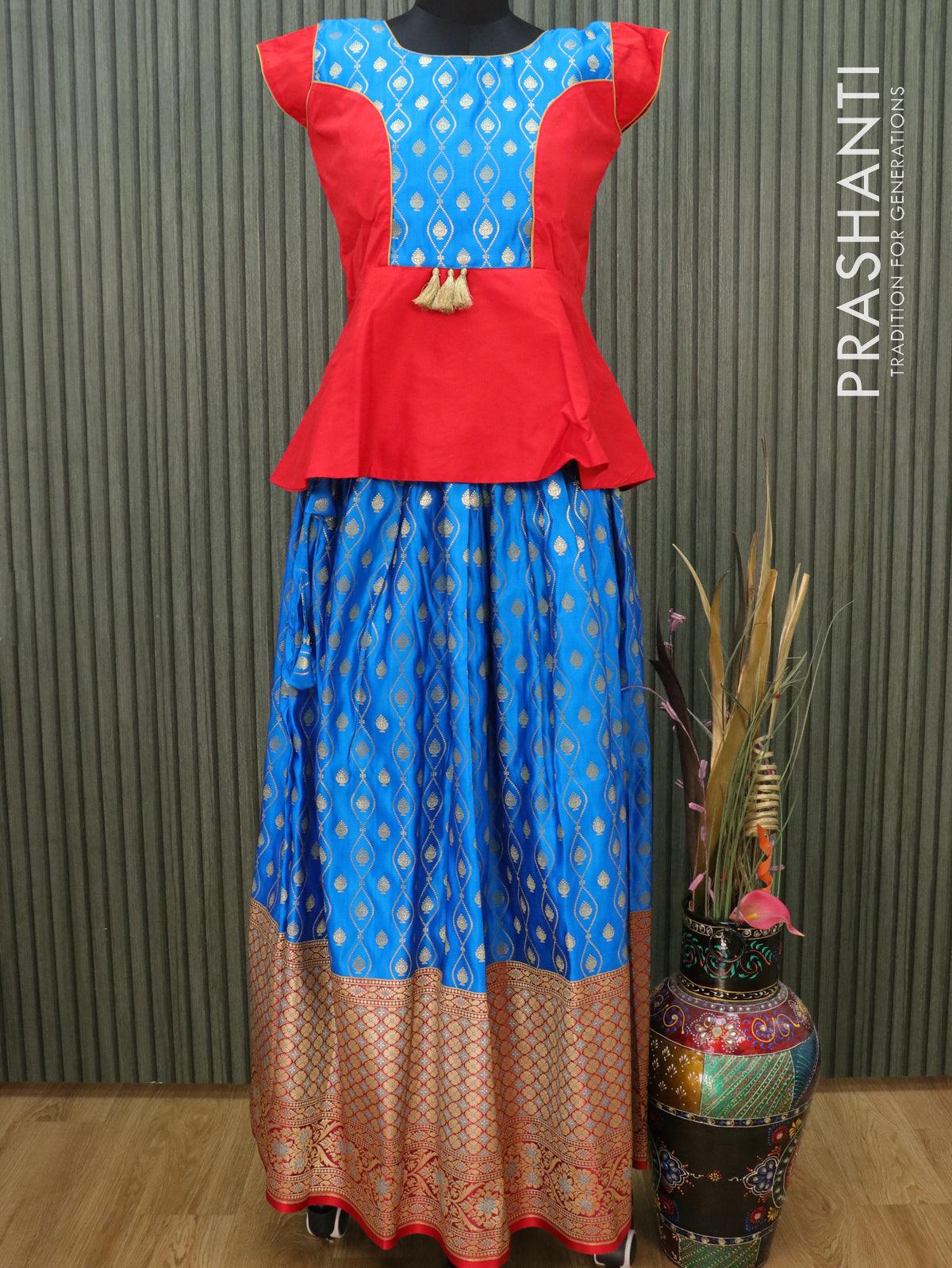 Banarasi kids lehanga red and light blue with patch work neck pattern and allover buttas & long zari border for 16 years