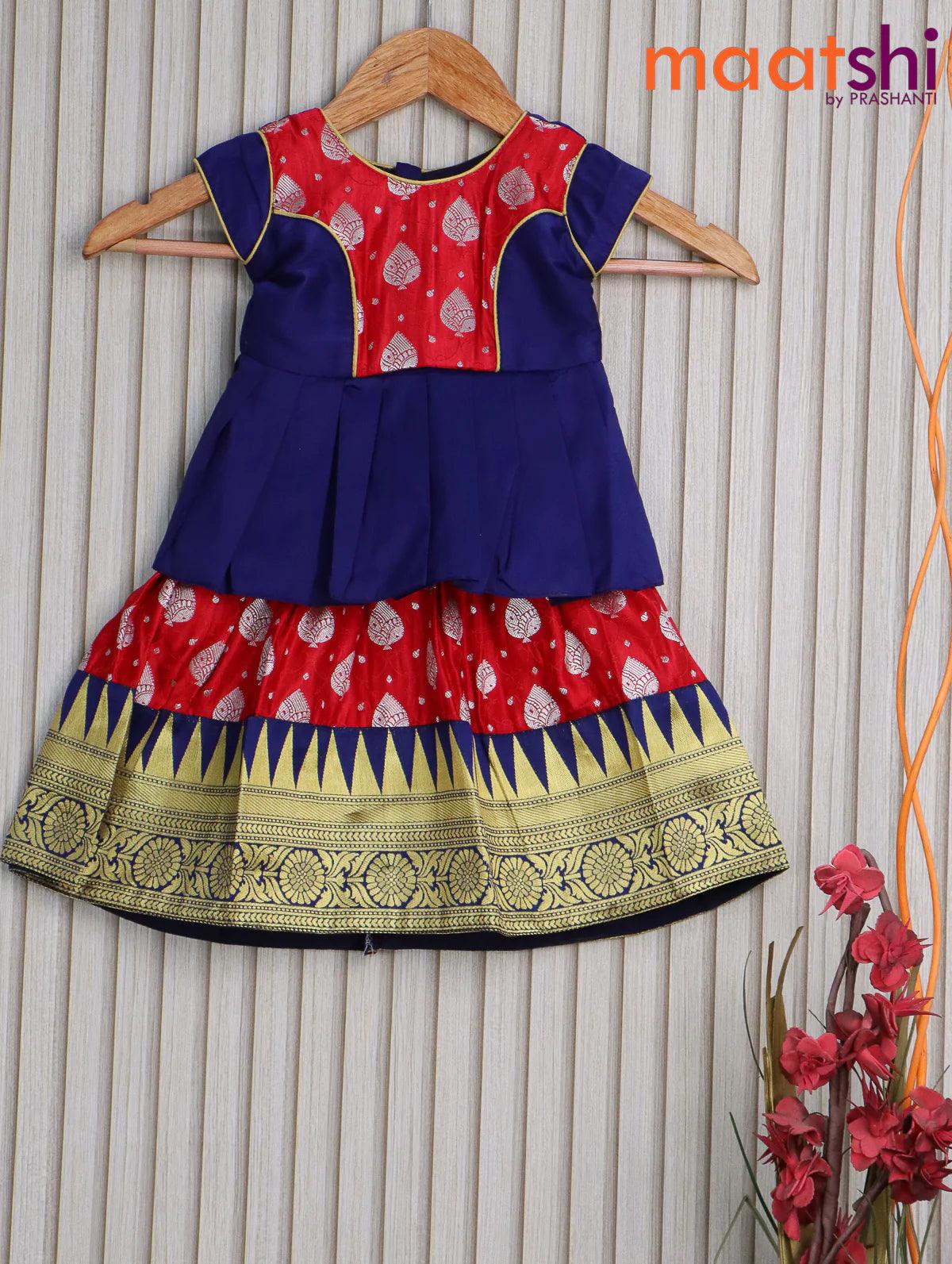 Banarasi kids lehanga red and navy blue with patch work neck pattern and self emboss zari buttas & temple design zari border for 0 year