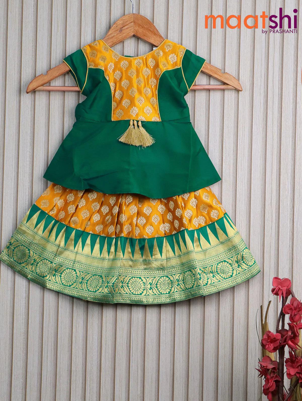 Banarasi kids lehanga teal green and mustard yellow with patch work neck pattern and allover butta weaves & temple design zari border for 0 year