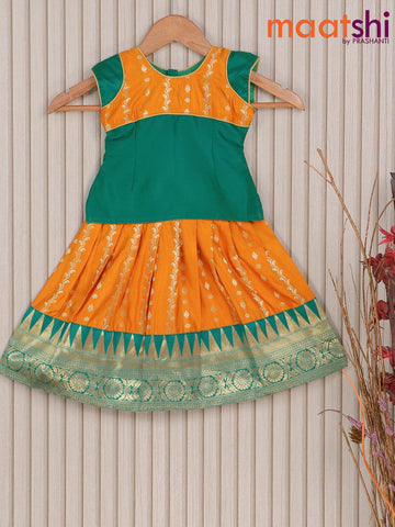 Banarasi kids lehenga teal green and mango yellow with patch work neck pattern and zari weaves & temple design border for 1 year