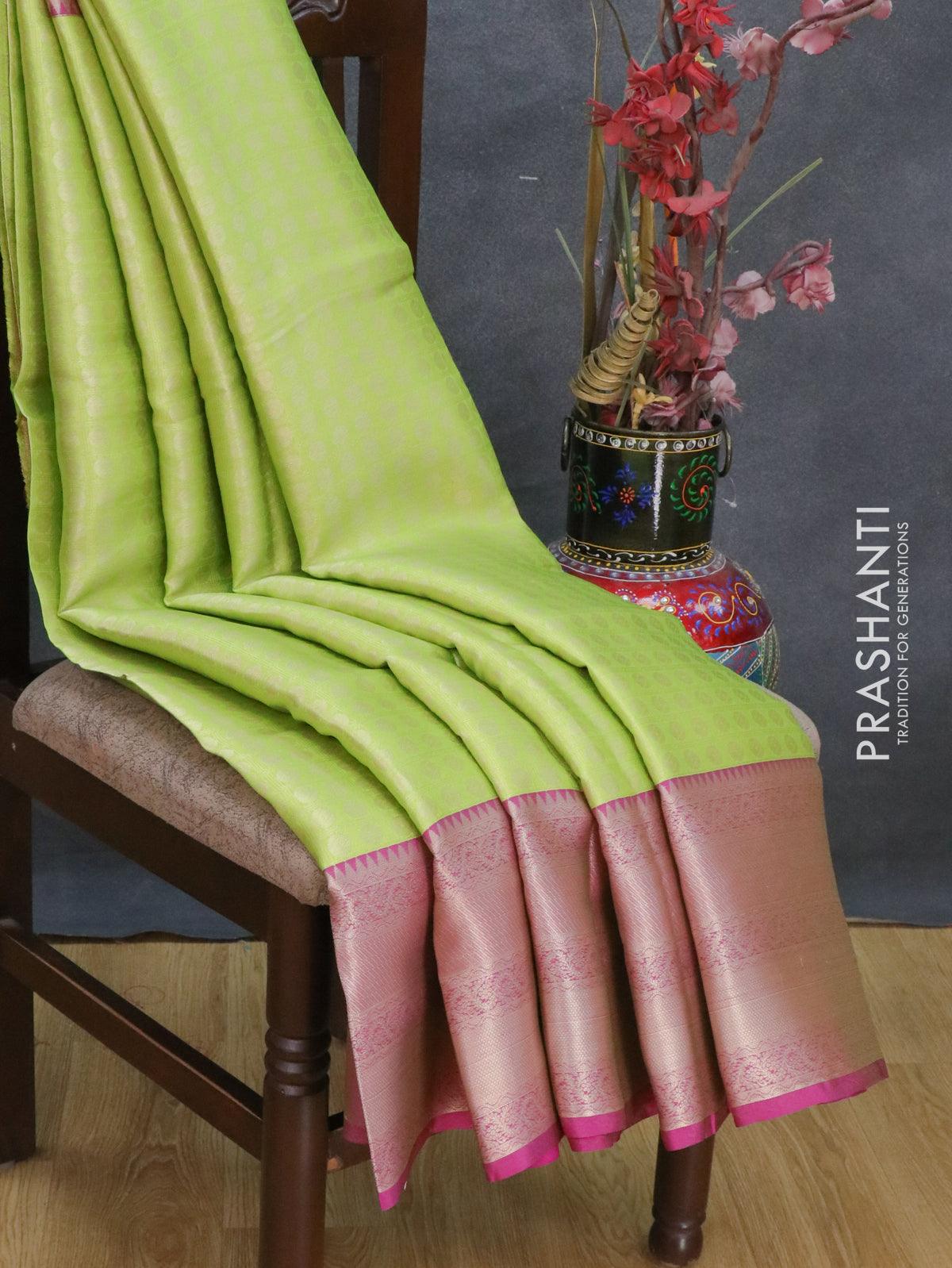 Banarasi kora saree lime green and purple with allover zari weaves and long zari woven border