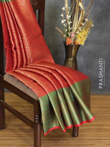 Banarasi kora saree red and green with allover zari weaves and long zari woven border