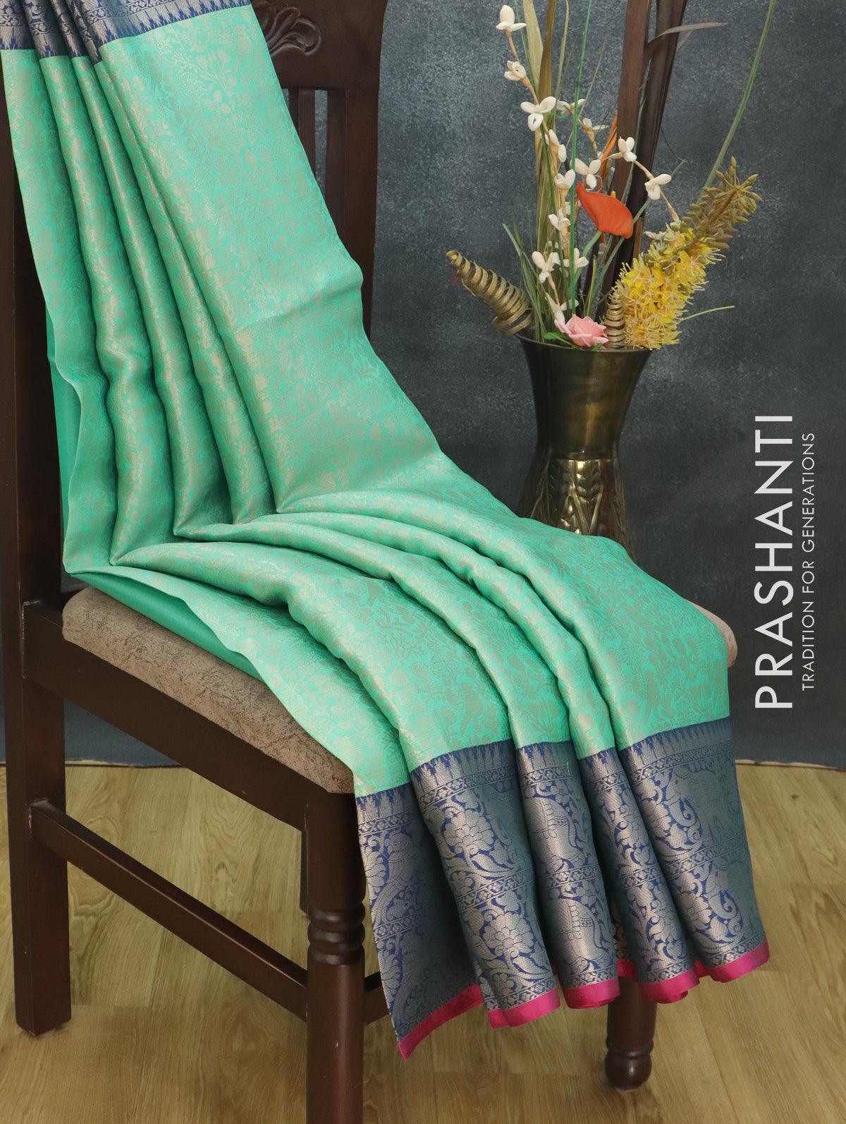 Banarasi kora saree teal blue and blue with allover zari weaves and long rich zari woven border