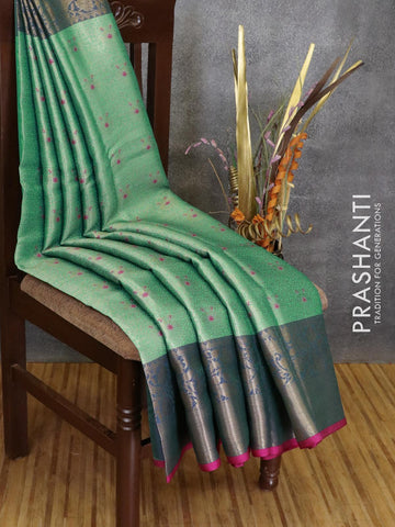 Banarasi kora saree teal green and pink with allover zari weaves and zari woven border