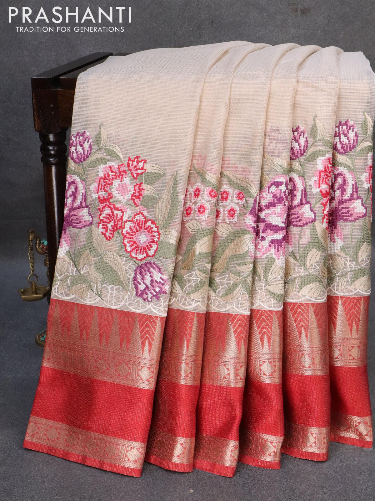 Banarasi kota tissue saree off white and red with floral design embroidery work and temple design zari woven rettapet border