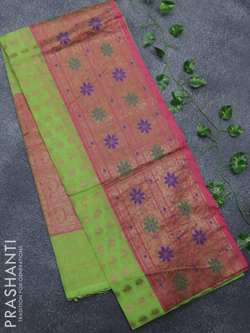 Banarasi semi cotton saree light green and pink with thread & zari woven buttas and long paithani border