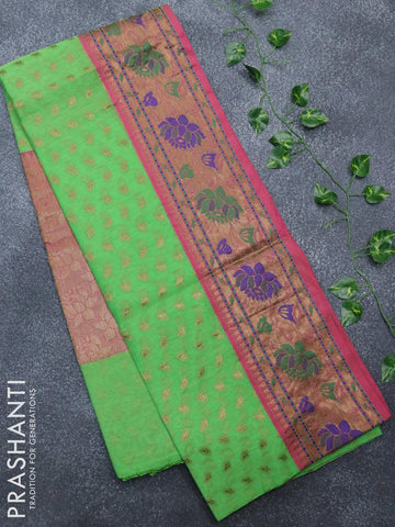 Banarasi semi cotton saree light green and pink with thread & zari woven buttas and paithani border