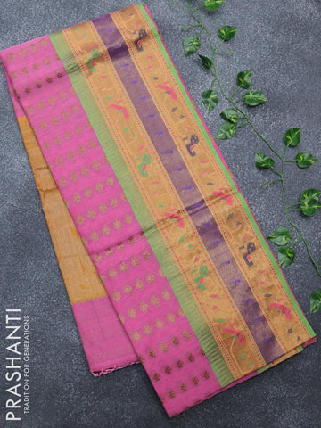 Banarasi semi cotton saree light pink and yellow with thread & zari woven buttas and paithani border