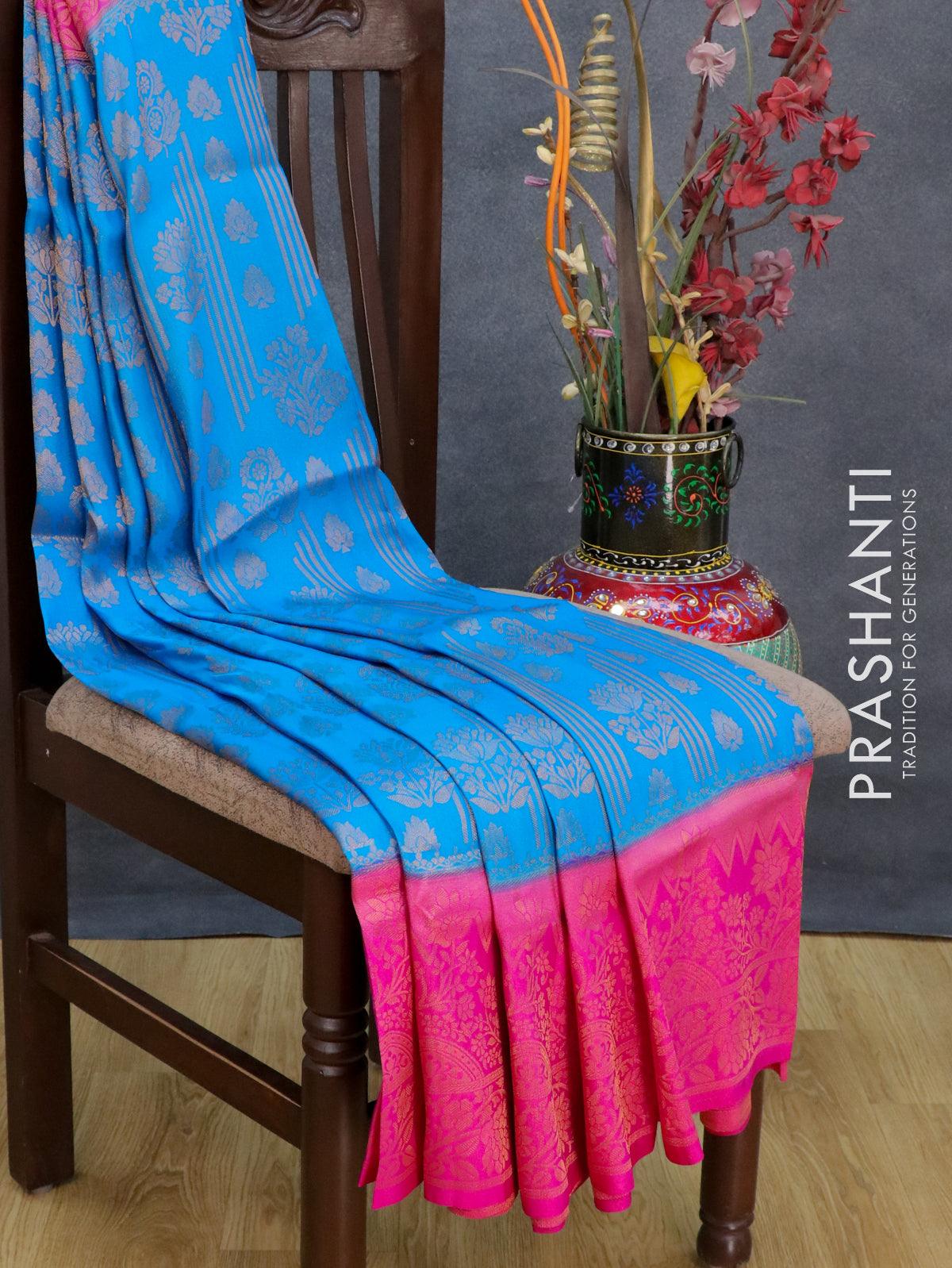 Banarasi semi silk saree cs blue and pink with allover zari weaves and zari woven border