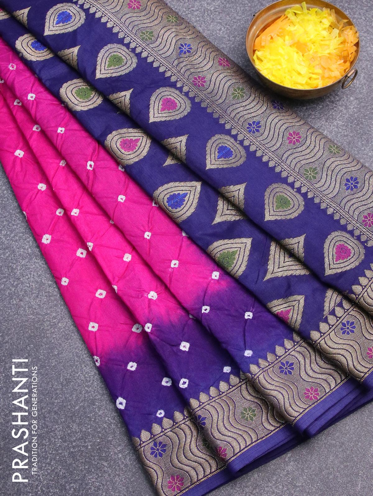 Bandhani saree pink and blue with bandhani prints and banarasi style mina border