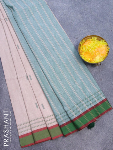 Bengal soft cotton saree beige and green with thread woven buttas and simple border