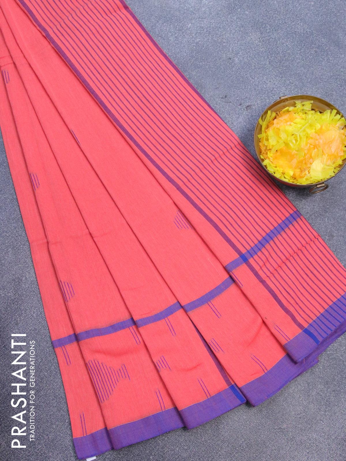 Bengal soft cotton saree red shade and blue with thread woven buttas and simple border