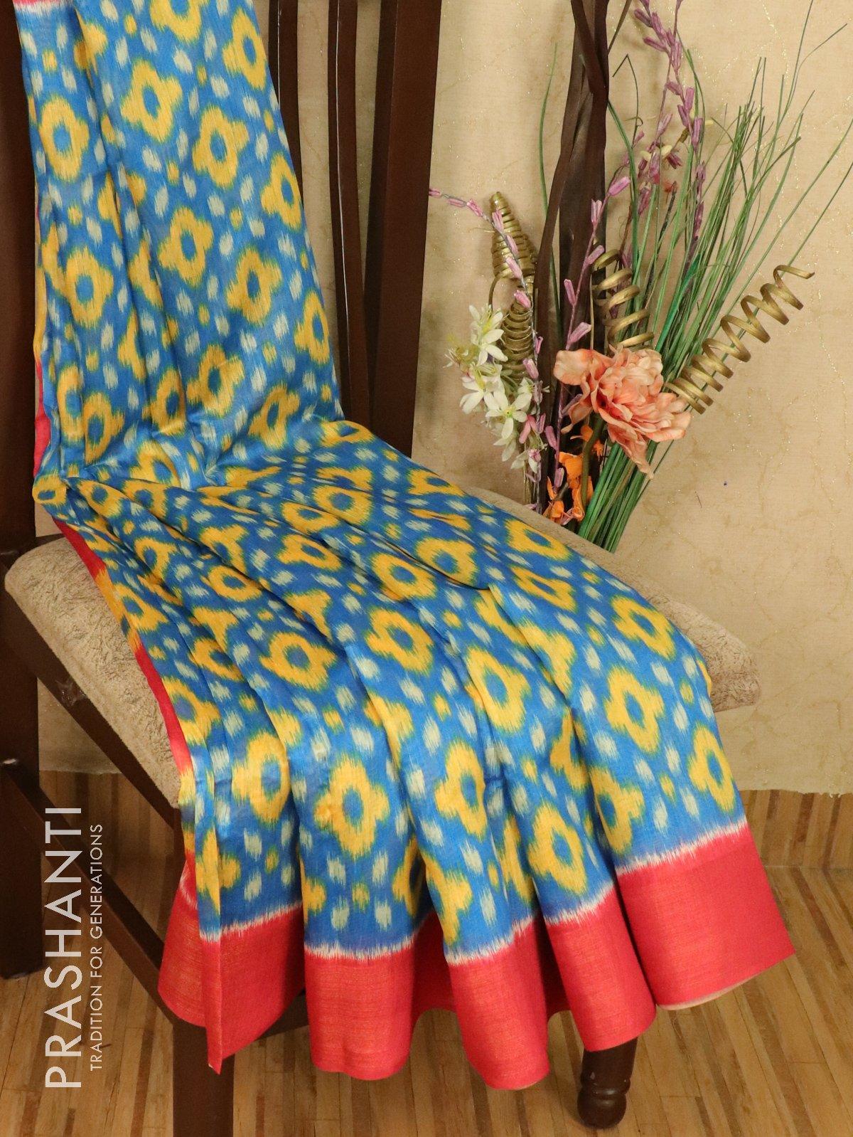 Bhagalpuri saree blue and pink with allover ikat prints and simple zari border